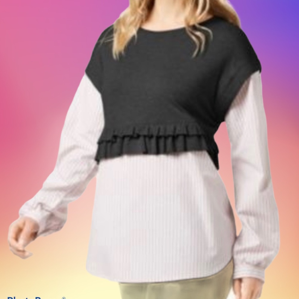 Kensie Mixed Media Ruffle Sweater Pinstripe Top size small